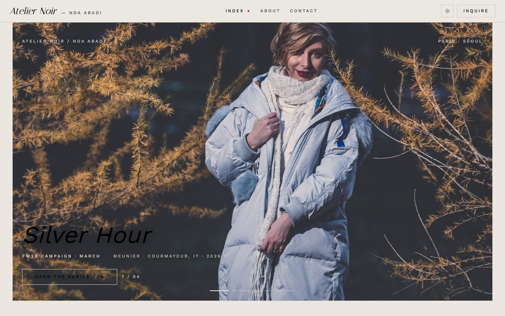 Atelier Noir fashion photography portfolio with a full-bleed image hero