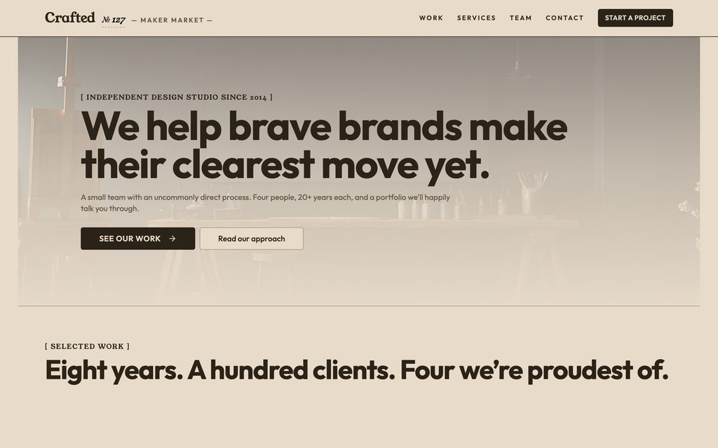 Crafted agency portfolio site with case-study thumbnails and a contact section