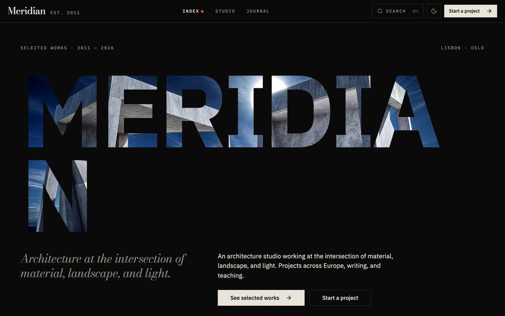 Meridian architecture studio site with a large type hero and project grid