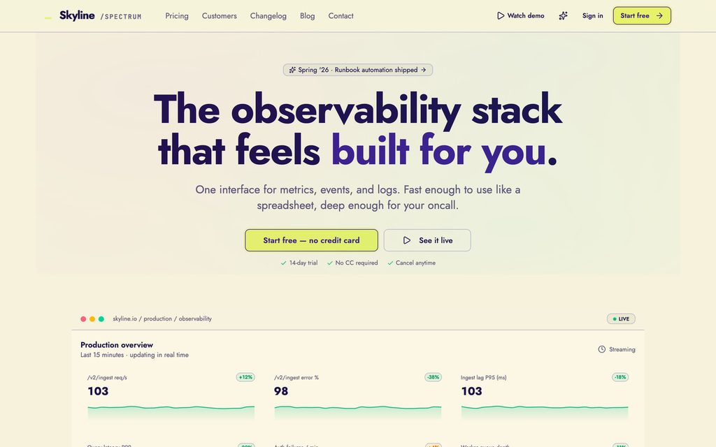 Skyline marketing site showing a pricing section and case-study cards